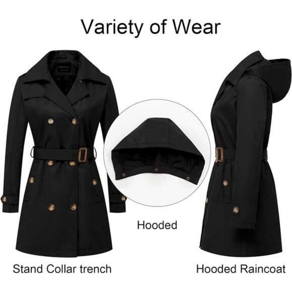 Women's Trench Coat Double-Breasted Classic Lapel Overcoat Belted - Picture 3 of 7